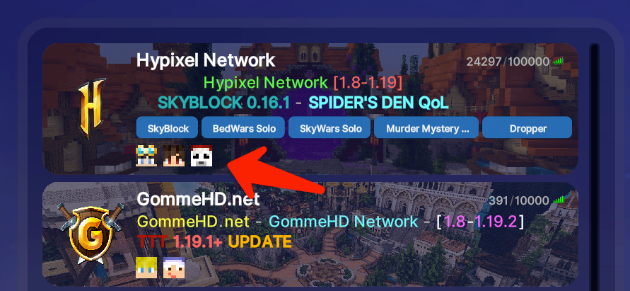 Player heads of your friends on the servers in the server list and quickjoin buttons (Fancy Theme)